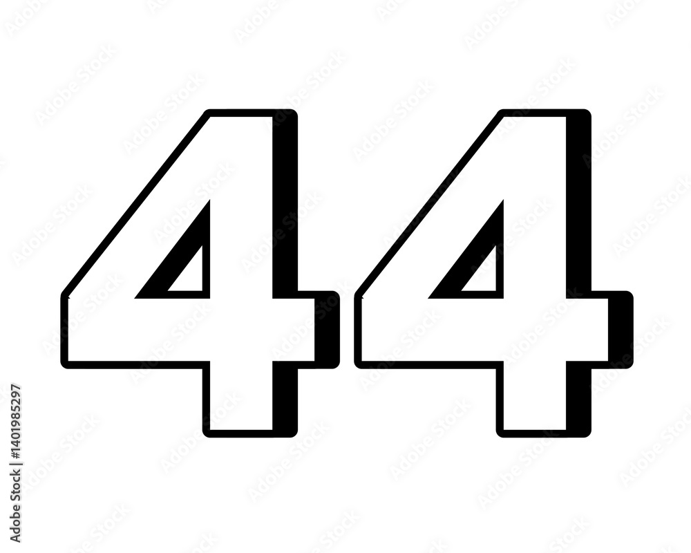 Poster white number 44 on transparent background, with a bold, 3d appearance and shadow effects for added d