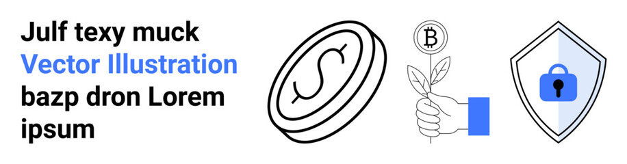 Coin with dollar sign, hand holding plant with bitcoin, and shield with lock. Ideal for finance, digital assets, investment, security, blockchain, monetary growth flat landing page banner