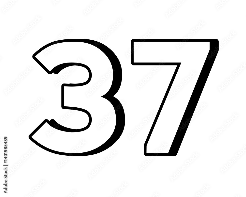 Poster white number 37 on transparent background, with a bold, 3d appearance and shadow effects for added d