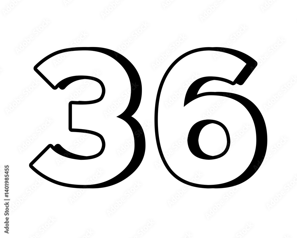 Poster white number 36 on transparent background, with a bold, 3d appearance and shadow effects for added d