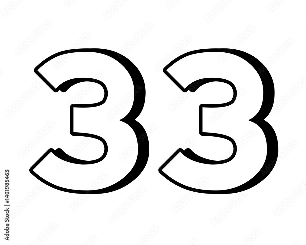 Poster white number 33 on transparent background, with a bold, 3d appearance and shadow effects for added d