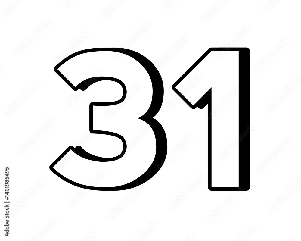 Poster white number 31 on transparent background, with a bold, 3d appearance and shadow effects for added d