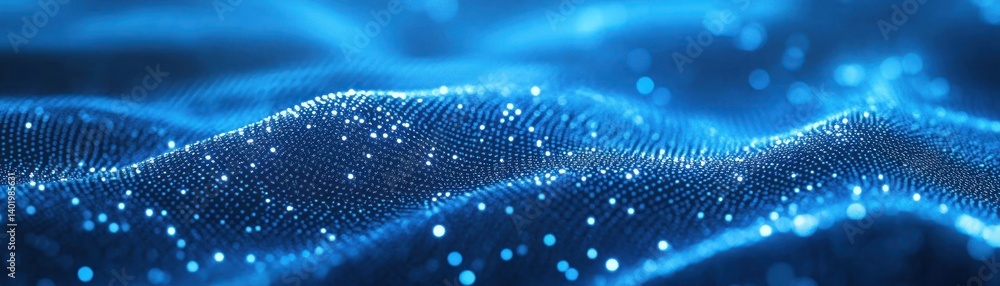 Poster abstract blue digital wave pattern with illuminated shimmering particles
