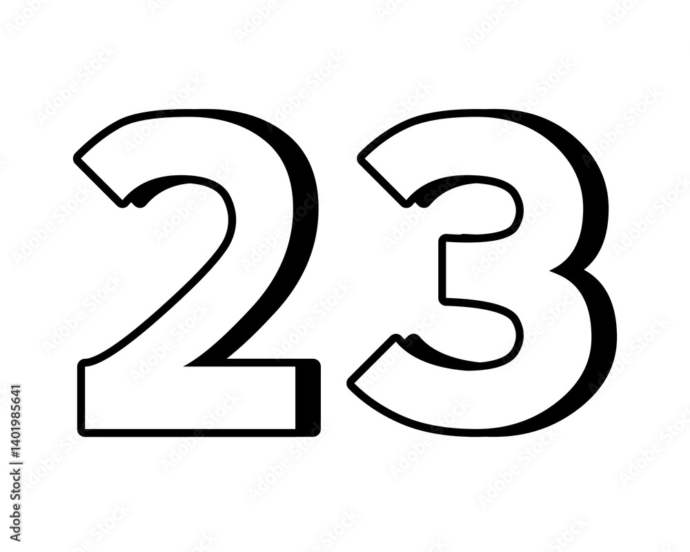 Poster white number 23 on transparent background, with a bold, 3d appearance and shadow effects for added d