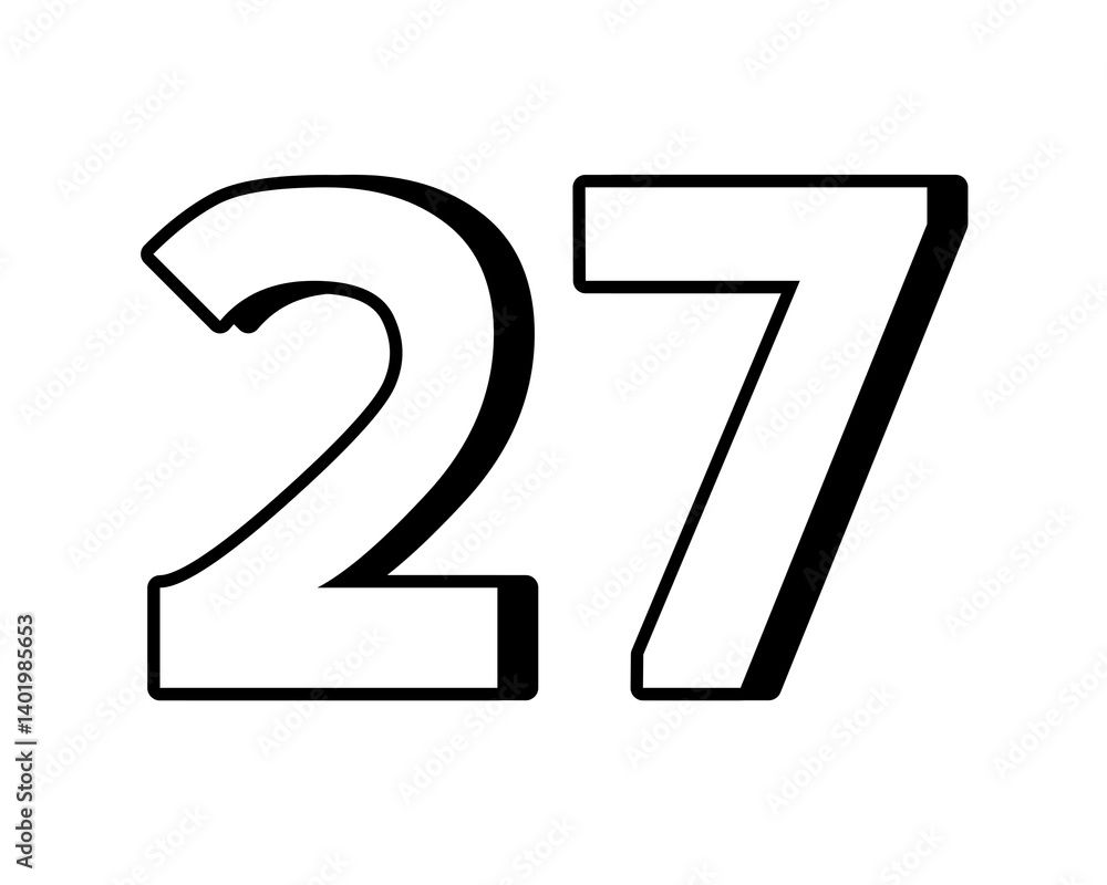 Poster white number 27 on transparent background, with a bold, 3d appearance and shadow effects for added d