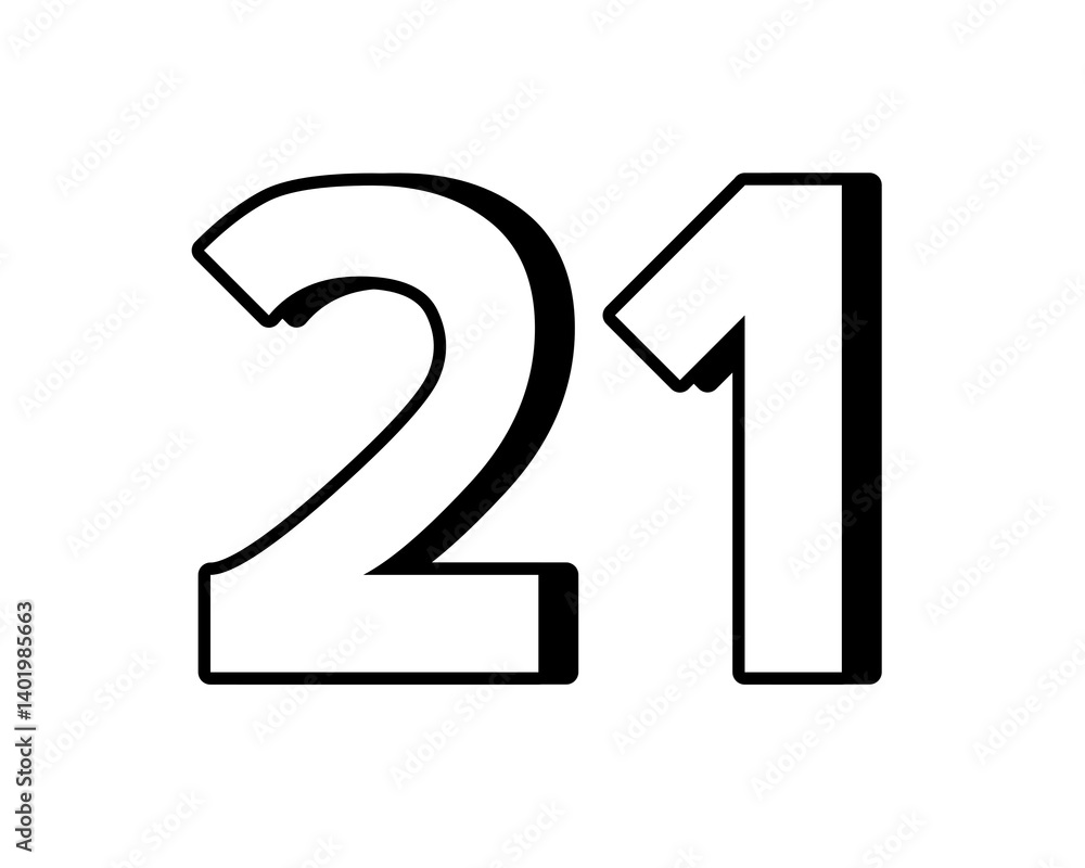 Poster white number 21 on transparent background, with a bold, 3d appearance and shadow effects for added d