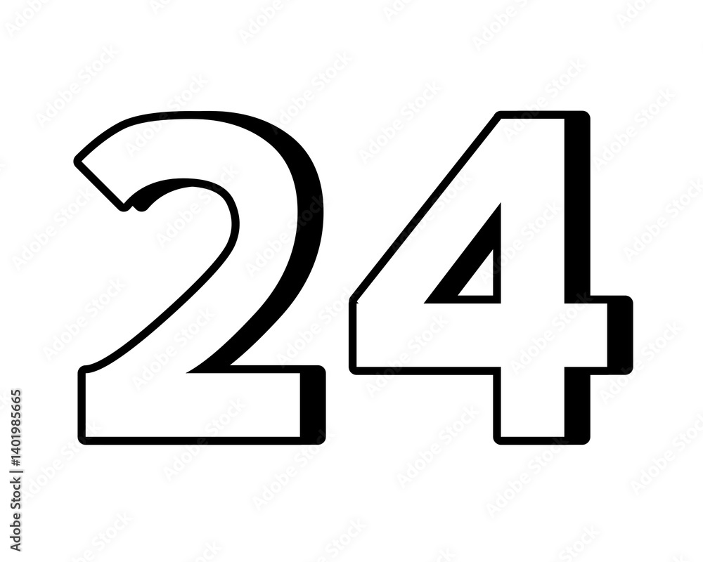 Poster white number 24 on transparent background, with a bold, 3d appearance and shadow effects for added d