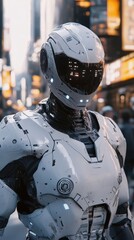 Hazards Road Crowds. Futuristic Robot in a City Metropolis