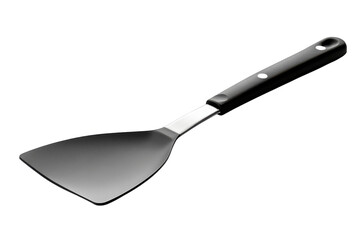 Sleek black handled spatula perfect for cooking with a brushed steel blade against a stark black background