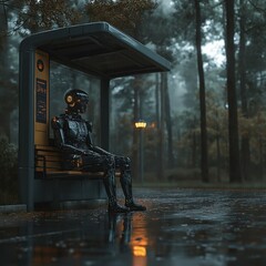 A humanoid robot waiting at a rainy bus stop in the forest, reflections on wet ground, moody lighting, realistic textures, cyberpunk atmosphere, photorealistic street photography style
