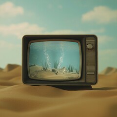 A vintage television showing live underwater scenes in the middle of a desert, ultra-sharp focus, soft sand textures, photorealistic surreal still life