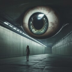 A person standing in front of a massive floating eye in an empty subway tunnel, moody lighting, realistic textures, soft shadows, surreal horror sci-fi fusion