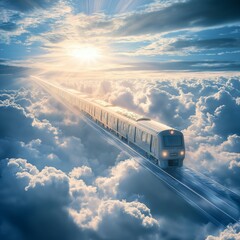 A lonely train floating on a transparent railway in the clouds, blue sky, fluffy clouds below, backlit sunlight, sharp focus, dreamlike realism