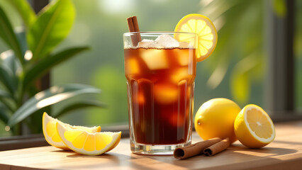 Refreshing iced coffee with cold brew and coffee cubes in tall glass. Tropical leaves and lemons on sunlit teak table evoke summer.