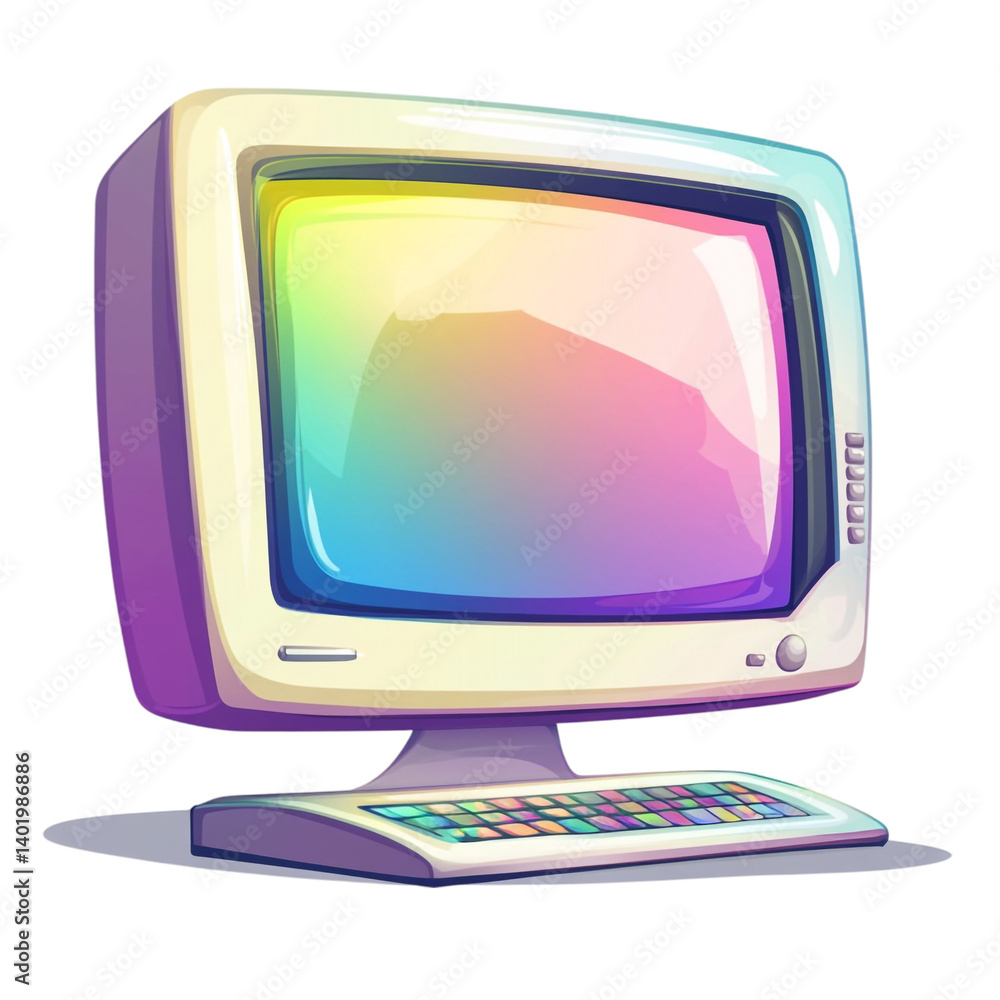 Poster retro computer screen glowing rainbow nostalgic vibes