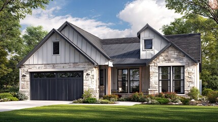 Obraz premium Charming family home with a stone and wood exterior offers a cozy residential backdrop for professional marketing.