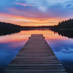 Fototapeta premium Wooden pier stretching into a tranquil lake under vibrant sunset sky, reflecting colors on still water, symbolizing peace, solitude, nature, relaxation, and scenic evening beauty