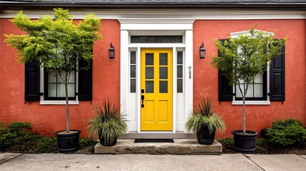 A beautiful farmhouse front door with vibrant yellow glass and white trim, surrounded by simple landscaping with a couple of decorative trees and potted plants