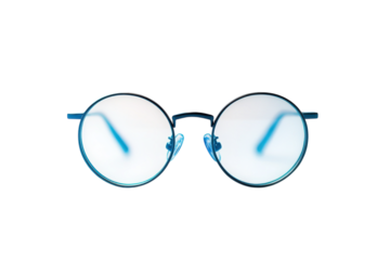 Stylish blue round eyeglasses with reflective lenses isolated on black background showcasing sleek modern design and