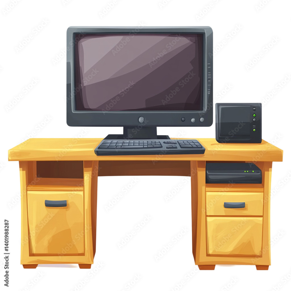 Poster neat wooden desk with computer keyboard and printer ready for work
