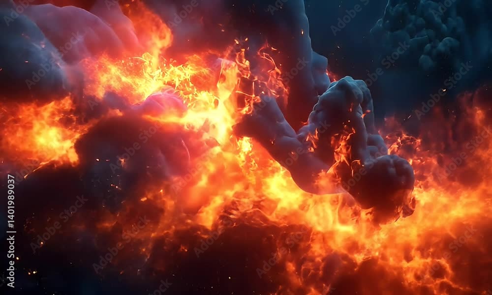 Wall mural dynamic orange and red flames erupting through dark clouds with glowing particles and dramatic light