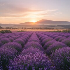 Obraz premium Sunrise over a vast lavender field. Misty mountains in the distance
