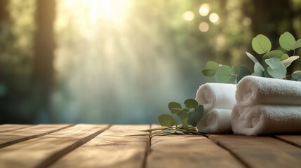 White towels and eucalyptus branches in a spa, evoking serenity and wellness.