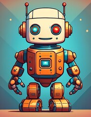 A cute and colorful retro robot with a friendly expression and mechanical arms.