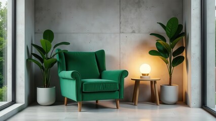 Serene Interior Design Featuring Emerald Velvet Armchair, Illuminated by Soft Ambient Light, and Flanked by Lush Potted Plants Against a Textured Concrete Wall