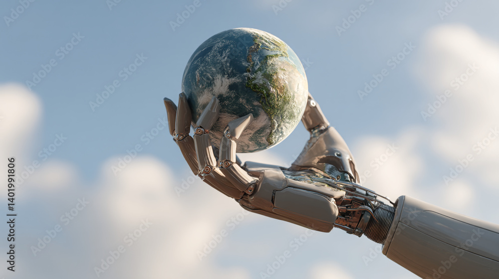 Poster robot hand holding earth globe future technology ai artificial intelligence world automation concept