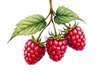 Juicy ripe raspberries on the branch vibrant red color lush green leaves detailed illustration white