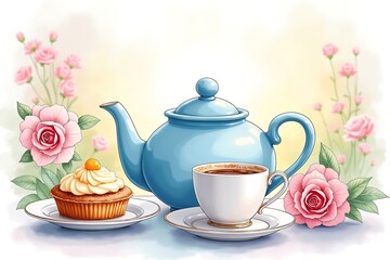 A serene afternoon tea scene featuring a blue teapot delicate cupcake and teacup amidst blooming