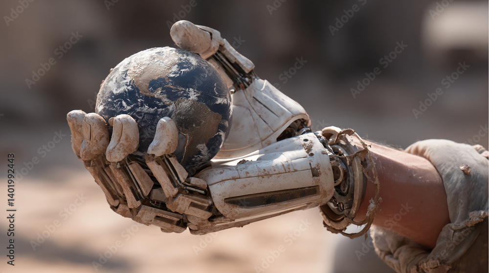 Poster robot hand holding earth globe artificial intelligence future technology concept image for ai revolu