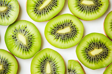 Fototapeta premium A neatly arranged kiwi slices, vibrant green flesh, tiny black seeds, and juicy texture, isolated on a white background