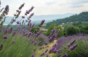 Fototapeta premium Lavender flower summer background. Summertime in the lavender field.