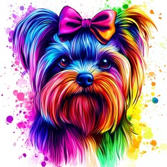 Vibrant Rainbow Yorkshire Terrier with Bow Colorful Pet Portrait.