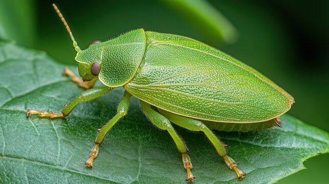 Vibrant green insect on a leaf.  Detailed close-up view of a lime green beetle resting on a lush green leaf.  Intricate texture and colors