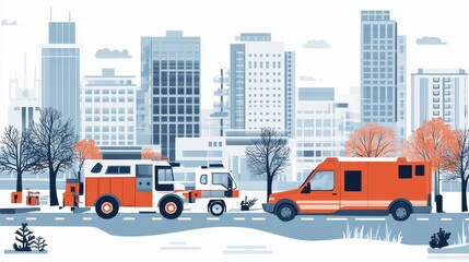 Emergency Vehicles in Urban Landscape with Modern Buildings and Trees in Fall Colors