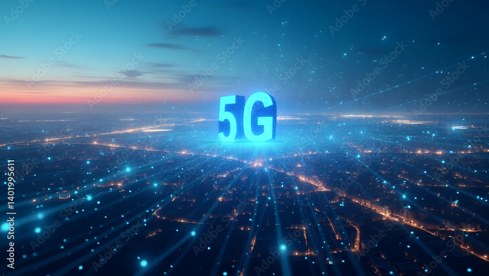 Poster dynamic visual of 5g expansion: urban & rural network installations enhancing connectivity with robu