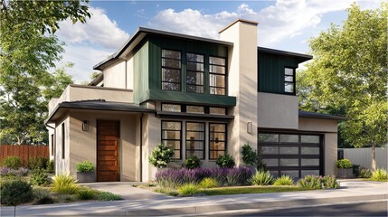 A chic modern two-story home with warm sand-colored stucco and deep green window frames, with steel elements on the exterior