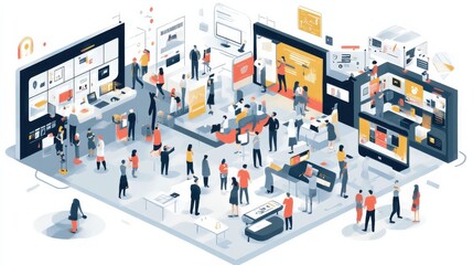 Engaging and Vibrant Technology Trade Show with Diverse Attendees and Interactive Exhibits