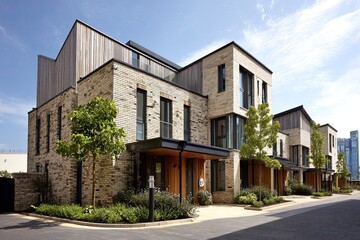 Fototapeta premium Contemporary townhouses with stone and wood cladding set against a clear blue sky for urban planning imagery.