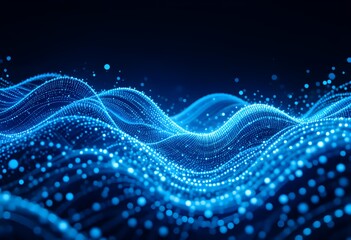 A dynamic wave of glowing blue dots on a dark background, resembling a digital data stream