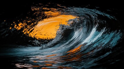 A dramatic ocean wave with orange and black colors