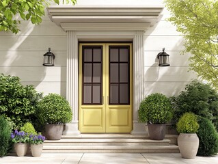 A contemporary 3D rendering of a pale yellow front door with white marble columns and light stone steps