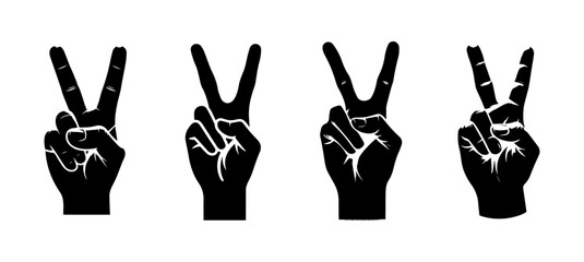 Set of four black hand silhouettes making the peace sign or V for victory gesture, isolated vector graphic icons showing different angles of the two fingers up symbol