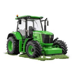 Obraz premium Farm equipment action shot outdoor field cutout background green tractor clear skies dynamic perspective