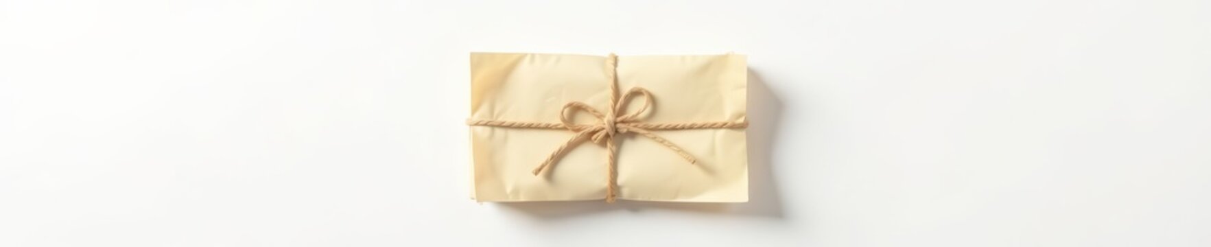 Aged paper bundle tied with string against plain white background, delivery, rustic