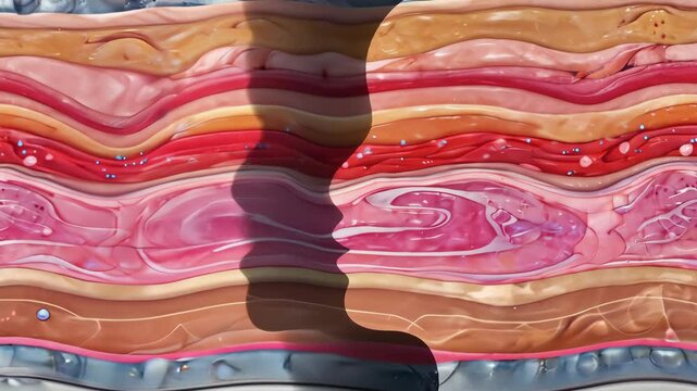 Abstract illustration depicting layered geology with contrasting colors and a silhouetted facial profile, creating a surreal impression.
