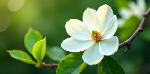 Obraz premium Close-up of delicate white magnolia flowers on a branch with fresh green leaves, elegant, garden, beauty